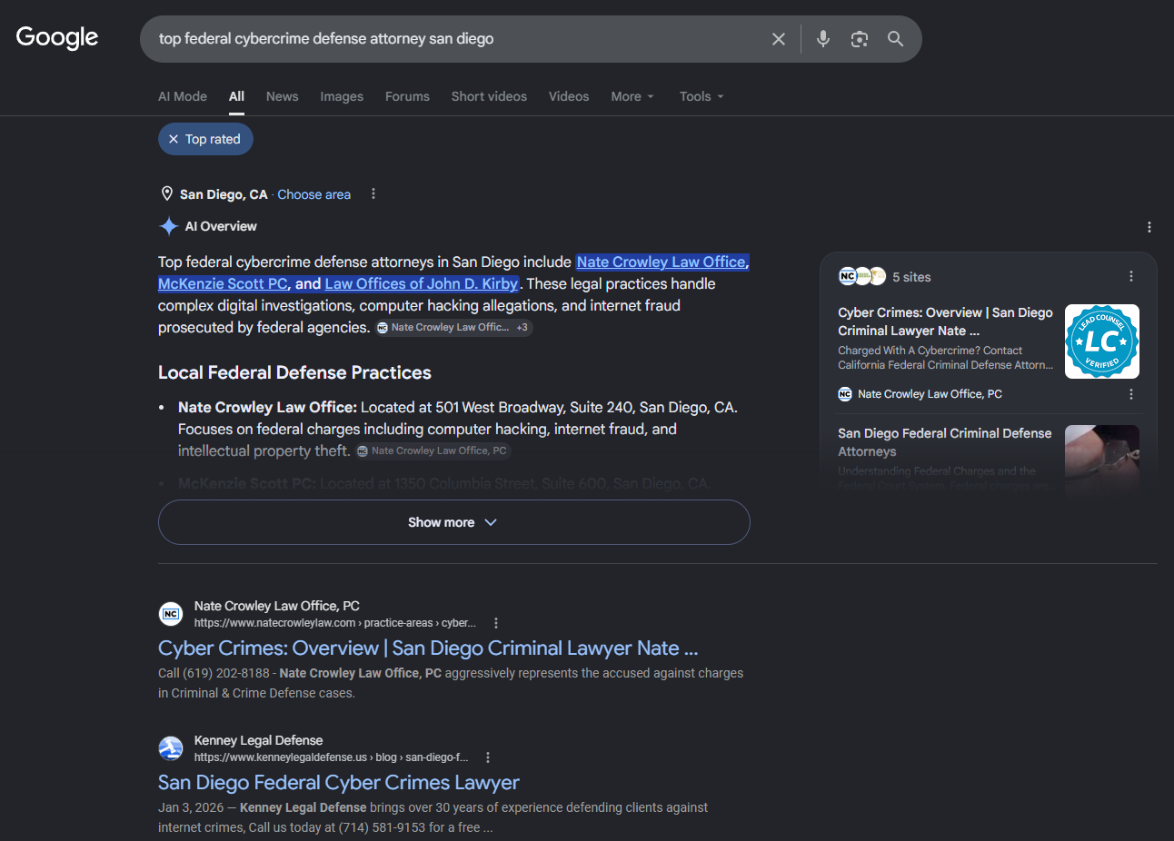Google screenshot for top federal cybercrime defense attorney san diego